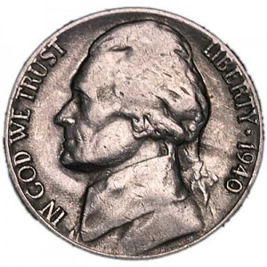 Nickel five cents 1940 US, S, from circulation price, composition, diameter, thickness, mintage, orientation, video, authenticity, weight, Description