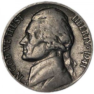 Nickel five cents 1941 US, S, from circulation price, composition, diameter, thickness, mintage, orientation, video, authenticity, weight, Description