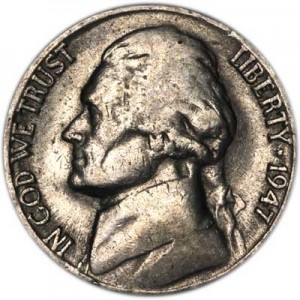 Nickel five cents 1947 US, S, from circulation price, composition, diameter, thickness, mintage, orientation, video, authenticity, weight, Description
