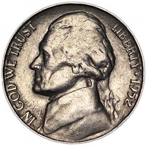 Nickel five cents 1952 US, S, from circulation price, composition, diameter, thickness, mintage, orientation, video, authenticity, weight, Description
