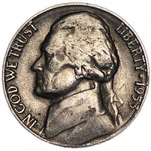 Nickel five cents 1953 US, S, from circulation price, composition, diameter, thickness, mintage, orientation, video, authenticity, weight, Description