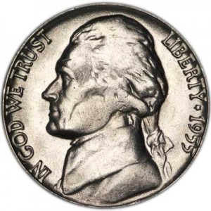 Nickel five cents 1955 US, D price, composition, diameter, thickness, mintage, orientation, video, authenticity, weight, Description
