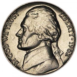 Nickel five cents 1962 US, P price, composition, diameter, thickness, mintage, orientation, video, authenticity, weight, Description