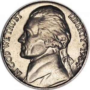 Nickel five cents 1964 US, mint P price, composition, diameter, thickness, mintage, orientation, video, authenticity, weight, Description