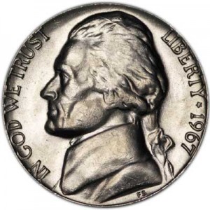 Nickel five cents 1967 US, mint P price, composition, diameter, thickness, mintage, orientation, video, authenticity, weight, Description