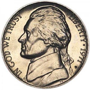 Nickel five cents 1971 US, mint D price, composition, diameter, thickness, mintage, orientation, video, authenticity, weight, Description