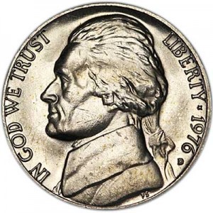 Nickel five cents 1976 US, mint D price, composition, diameter, thickness, mintage, orientation, video, authenticity, weight, Description