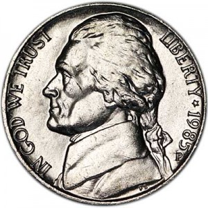 Nickel fünf Cent 1985 USA, Minze P Preis, Komposition, Durchmesser, Dicke, Auflage, Gleichachsigkeit, Video, Authentizitat, Gewicht, Beschreibung
