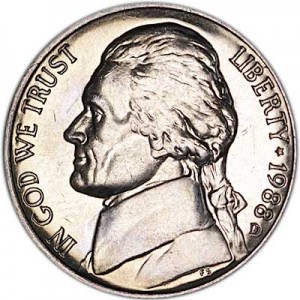 Nickel five cents 1988 US, mint D price, composition, diameter, thickness, mintage, orientation, video, authenticity, weight, Description