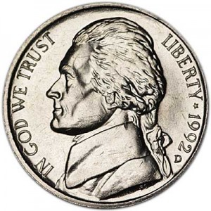 Nickel five cents 1992 US, mint D price, composition, diameter, thickness, mintage, orientation, video, authenticity, weight, Description