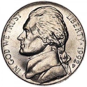Nickel five cents 1992 US, mint P price, composition, diameter, thickness, mintage, orientation, video, authenticity, weight, Description