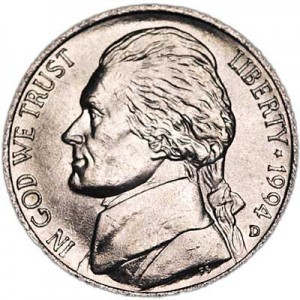 Nickel five cents 1994 US, mint D price, composition, diameter, thickness, mintage, orientation, video, authenticity, weight, Description