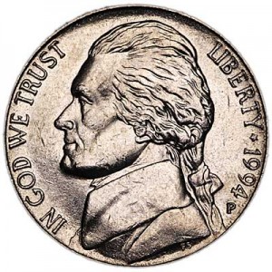 Nickel five cents 1994 US, mint P price, composition, diameter, thickness, mintage, orientation, video, authenticity, weight, Description