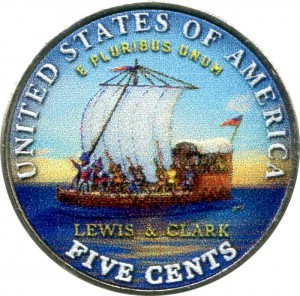 5 центов 2004 США Корабль экспедиции Льюиса и Кларка, серия Путешествие на запад (цветная) цена, стоимость