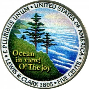 5 центов 2005 США Выход к океану, серия Путешествие на запад (цветная) цена, стоимость