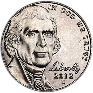 Nickel five cents 2012 US, D price, composition, diameter, thickness, mintage, orientation, video, authenticity, weight, Description
