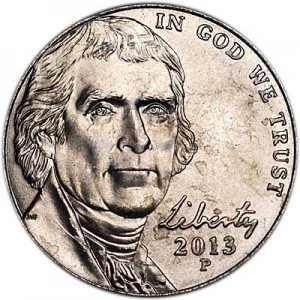 Nickel five cents 2013 US, P price, composition, diameter, thickness, mintage, orientation, video, authenticity, weight, Description