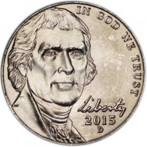 Nickel five cents 2015 US, D price, composition, diameter, thickness, mintage, orientation, video, authenticity, weight, Description