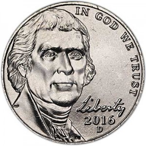 Nickel five cents 2016 US, D price, composition, diameter, thickness, mintage, orientation, video, authenticity, weight, Description
