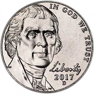 Nickel five cents 2017 US, D price, composition, diameter, thickness, mintage, orientation, video, authenticity, weight, Description