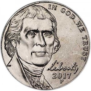 Nickel five cents 2017 US, P price, composition, diameter, thickness, mintage, orientation, video, authenticity, weight, Description