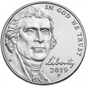 Nickel five cents 2019 US, P price, composition, diameter, thickness, mintage, orientation, video, authenticity, weight, Description