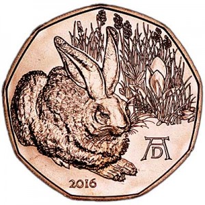 5 euro 2016 Austria Young Hare price, composition, diameter, thickness, mintage, orientation, video, authenticity, weight, Description