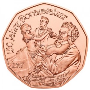 5 евро 2017 Австрия, 150 лет Дунайскому вальсу цена, стоимость