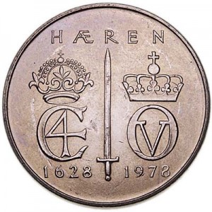 5 kroner 1978 Norway 350 years of the Norwegian army price, composition, diameter, thickness, mintage, orientation, video, authenticity, weight, Description