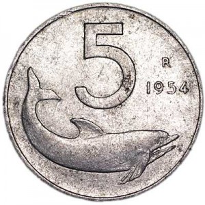 5 lire 1954 Italy price, composition, diameter, thickness, mintage, orientation, video, authenticity, weight, Description