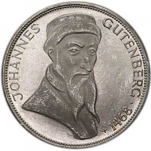5 mark 1968, Johannes Gutenberg price, composition, diameter, thickness, mintage, orientation, video, authenticity, weight, Description
