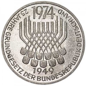 5 mark 1974, 25 Year The Basic Law for the Federal Republic of Germany price, composition, diameter, thickness, mintage, orientation, video, authenticity, weight, Description