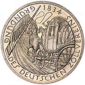 5 mark 1984 Germany 150 years of education of the German customs union price, composition, diameter, thickness, mintage, orientation, video, authenticity, weight, Description
