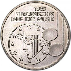 5 mark 1985 Germany European Year of Music price, composition, diameter, thickness, mintage, orientation, video, authenticity, weight, Description