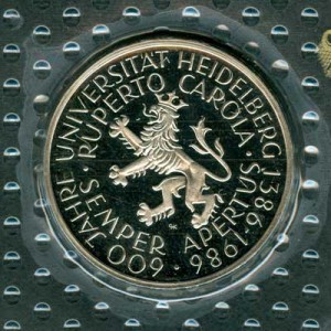 5 mark 1986 Germany 600 years to Heidelberg University, proof price, composition, diameter, thickness, mintage, orientation, video, authenticity, weight, Description