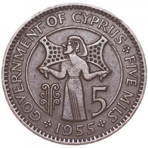 5 mils 1955 Cyprus price, composition, diameter, thickness, mintage, orientation, video, authenticity, weight, Description