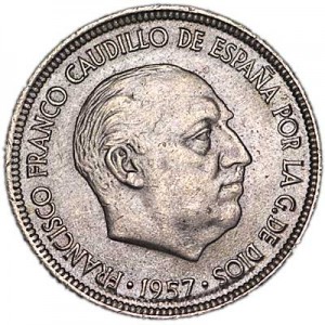 5 pesetas 1957 Spain price, composition, diameter, thickness, mintage, orientation, video, authenticity, weight, Description