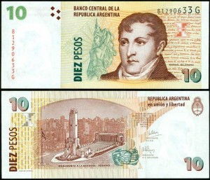 10 песо 2016 Аргентина, банкнота, хорошее качество XF
