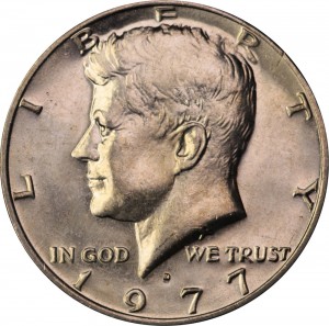 Half Dollar 1977 USA Kennedy mint mark D price, composition, diameter, thickness, mintage, orientation, video, authenticity, weight, Description