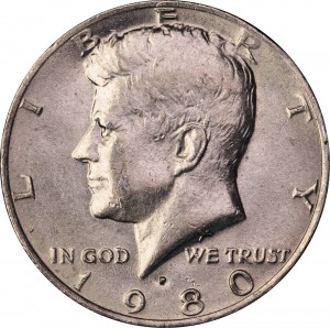Half Dollar 1980 USA Kennedy Minze P  Preis, Komposition, Durchmesser, Dicke, Auflage, Gleichachsigkeit, Video, Authentizitat, Gewicht, Beschreibung