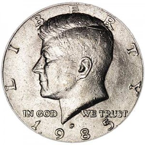 Half Dollar 1985 USA Kennedy mint mark P price, composition, diameter, thickness, mintage, orientation, video, authenticity, weight, Description