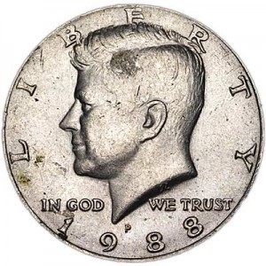 Half Dollar 1988 USA Kennedy mint mark P price, composition, diameter, thickness, mintage, orientation, video, authenticity, weight, Description