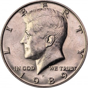 Half Dollar 1989 USA Kennedy Minze P Preis, Komposition, Durchmesser, Dicke, Auflage, Gleichachsigkeit, Video, Authentizitat, Gewicht, Beschreibung