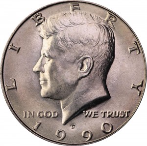 Half Dollar 1990 USA Kennedy mint mark D price, composition, diameter, thickness, mintage, orientation, video, authenticity, weight, Description