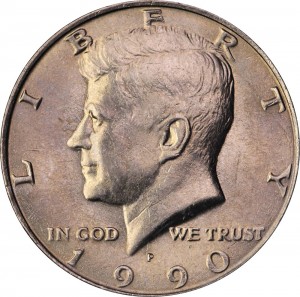 Half Dollar 1990 USA Kennedy mint mark P price, composition, diameter, thickness, mintage, orientation, video, authenticity, weight, Description