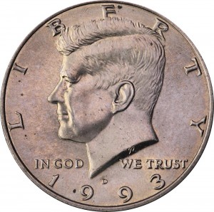 Half Dollar 1993 USA Kennedy mint mark D price, composition, diameter, thickness, mintage, orientation, video, authenticity, weight, Description