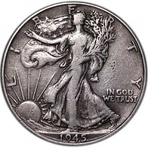 Half Dollar 1945 USA Liberty Walking mint P  price, composition, diameter, thickness, mintage, orientation, video, authenticity, weight, Description