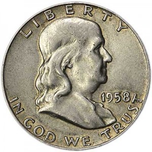 Half Dollar 1958 USA Franklin mint D,  price, composition, diameter, thickness, mintage, orientation, video, authenticity, weight, Description