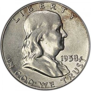 Half Dollar 1958 USA Franklin mint P,  price, composition, diameter, thickness, mintage, orientation, video, authenticity, weight, Description