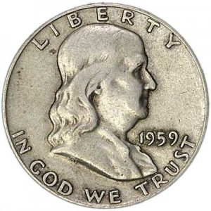 Half Dollar 1959 USA Franklin mint D,  price, composition, diameter, thickness, mintage, orientation, video, authenticity, weight, Description